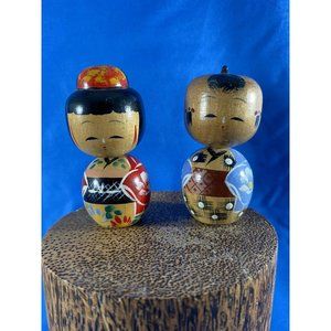 Vintage Japanese Wooden Kokeshi Dolls 3” Wood Bobble Head Hand Painted Boy Girl